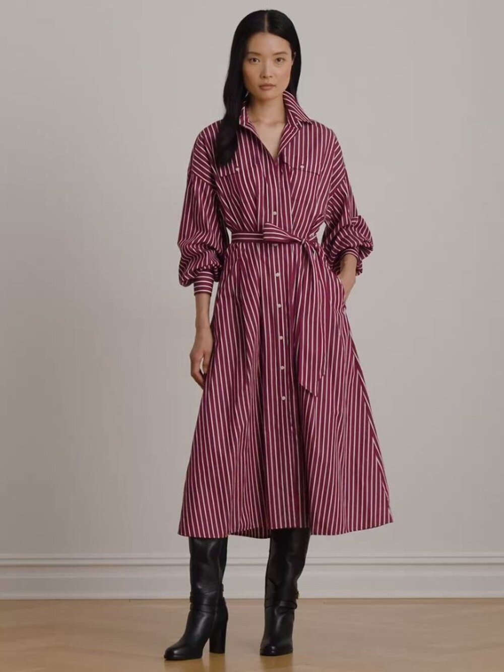 Lauren Ralph Lauren Striped Belted Broadcloth Midi Shirtdress